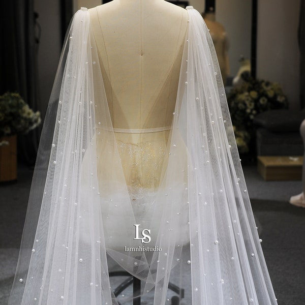 LS105 / Pearl Bridal Cape: Cathedral Tulle Draping, V Deep Style