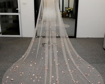 LS30 / Floral Wedding Veil: Cathedral Length, Tulle & Fabric Flower