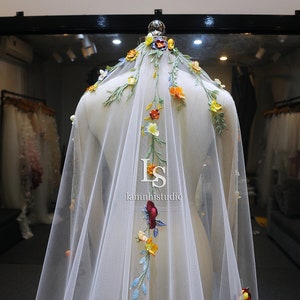 LS179/ Multicolor 3D flower lace veil/ Embroidered lace veil/ 3D flower veil/ bridal veil/wedding veil/flower veil/custom veil