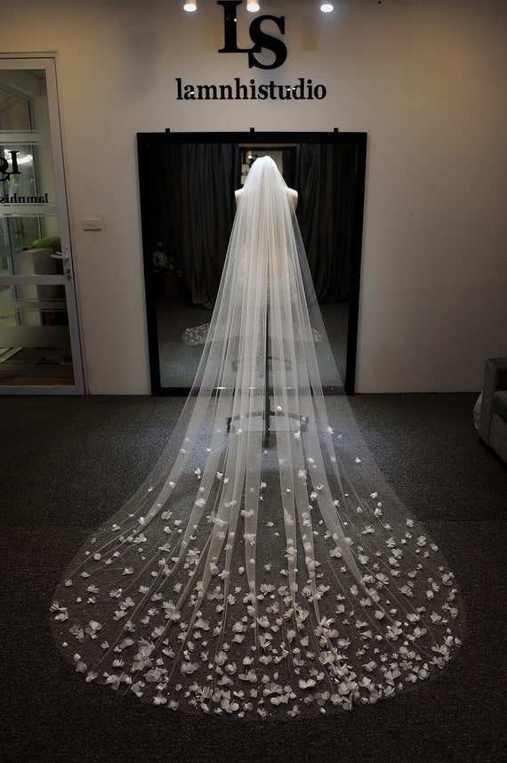 Stunning 3D Flower Lace Wedding Veil with Pearls Cathedral Veil