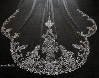 Ls97/Sparkle lace veil/bridal lace veil/ lace veil/ glitter  vei/ 1 tier veil/ cathedral veil/custom veil/Scalloped Edge veil/Scalloped veil