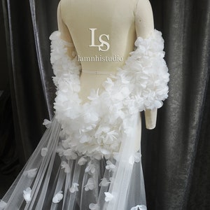 LS175 / 3D Flower Bridal Cape Veil: Tulle Wedding Cape (2.4m x 3m)