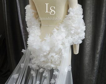LS175 / 3D Flower Bridal Cape Veil: Tulle Wedding Cape (2.4m x 3m)