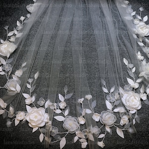 LS154 / 3D Flower Wedding Veil: Handmade Bridal Veil with Pearls (3m x 2.4m