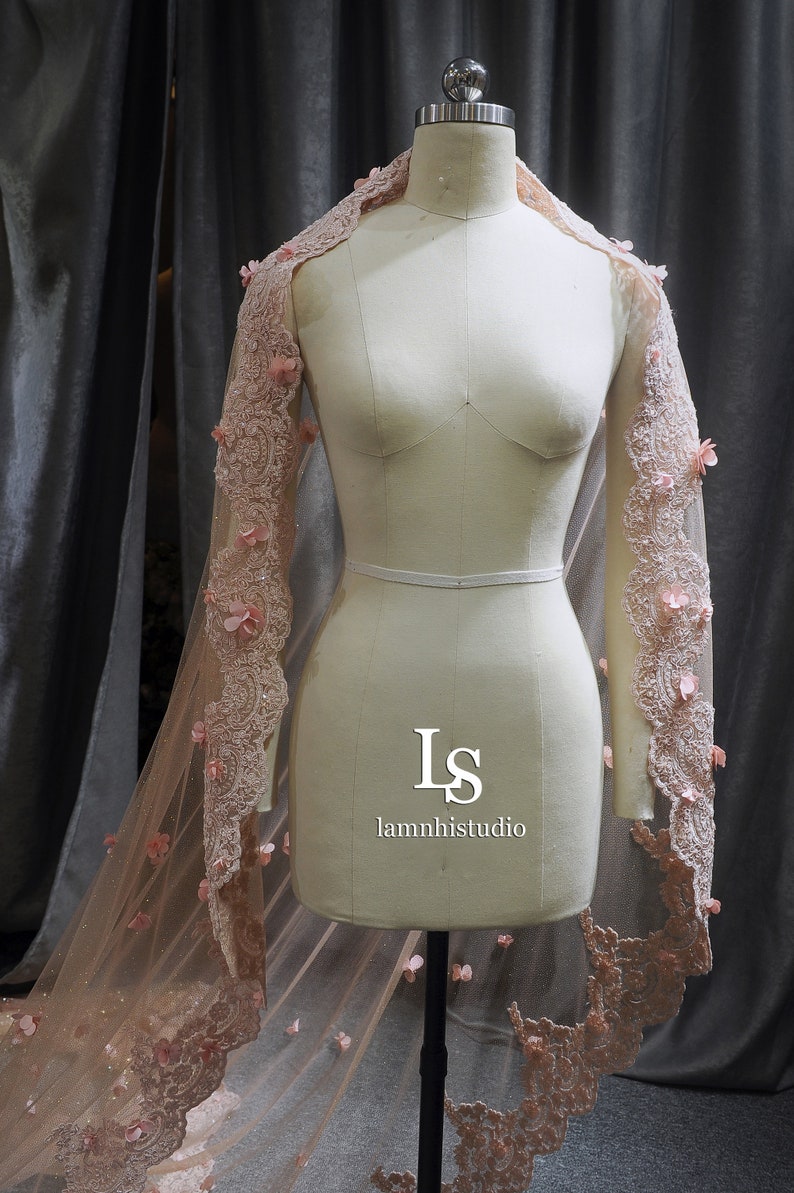 LS53/Bridal cape veil/ Glitter veil/Mantilla veil /blush pink flower cape veil/ lace veil/ lace cape/custom cape/ cathedral veil image 4