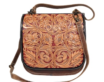 Western Tooled Leather Crossbody Bag, Handmade Floral Embossed Saddle Purse with Adjustable Strap,Vintage Boho Shoulder Leather Everyday Bag