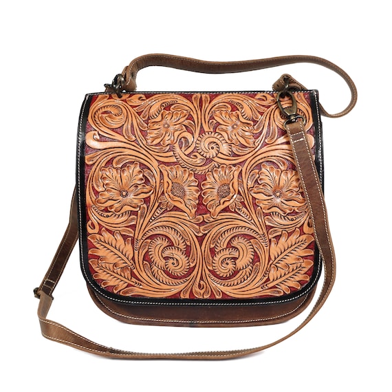 Western Tooled Leather Crossbody Bag, Handmade Floral  display picture 2