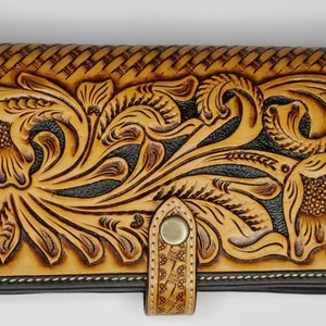 Cartera de cuero marrón labrado, cartera de cuero hecha a mano, bolso de cuero estilo western, cartera labrada para mujer, cartera labrada con flores, cartera de plena flor