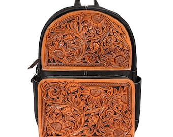 Western Tooled Leather Backpack, Hand-Carved Floral Travel Bag, Leather Backpack for Men, Rustic Brown Leather Backpack, Full Grain Backpack