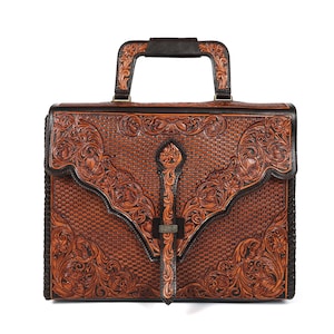 Hand-Tooled Leather Western Briefcase, Vintage Cowboy Messenger Bag Office Work, Laptop Bags, Leather Shoulder Bag, Leather Satchel Mens Bag