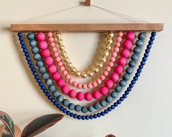 Wood bead wall hanging in bright jewel tone colorway | rainbow nursery decor | wooden beaded wall decor