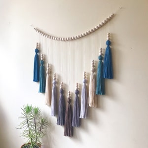 AURORA wall hanging in cool coastal palette | boho wall decor | tassel garland | nursery decor