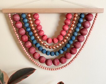 Wood bead wall hanging in vintage jewel tone colorway | rainbow nursery decor | wooden beaded wall decor