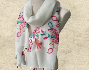 Embroidered Cotton Scarf: Floral Boho Shawl