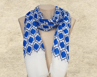 Boho scarf shawl, Blue shawl scarf, Fabric womens scarf, Geometric pattern, Women's trendy scarf, Bohemian scarf, Womens accessories