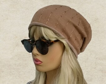 Brown Slouchy Beanie, Women's Boho Hat, Versatile Knit Cap