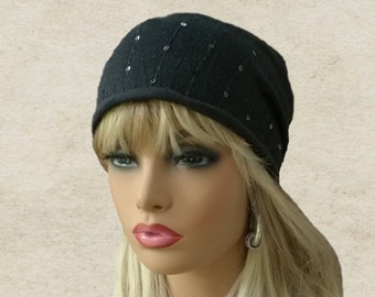 Black slouchy hat, Black slouch beanie, Women's slouch hat, Slouchy beanie tam, Cotton slouch beanie, Trendy slouchy hat, Hippie slouchy hat