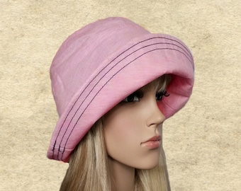 Sombrero cloche de algodón rosa para el sol: ala ajustable, sombrero de verano para mujer