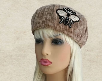 Brown French Beret with Bee Applique - Adjustable Women's Winter Hat