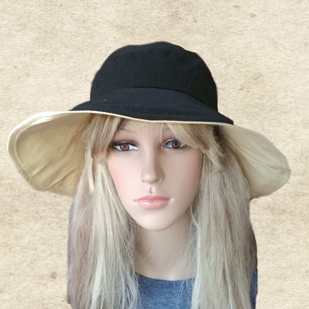Black Cotton Sun Hat, Wide Brim Hats, Cotton Floppy Hats, Black Travel