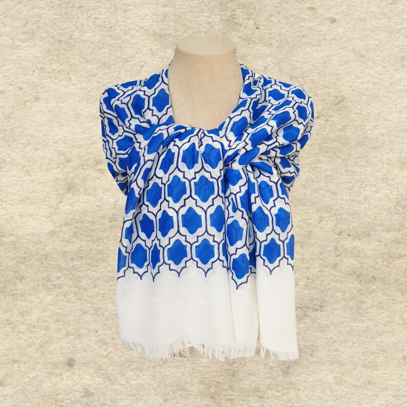 Boho Scarf Shawl, Blue Shawl Scarf, Fabric Womens Scarf, Geometric