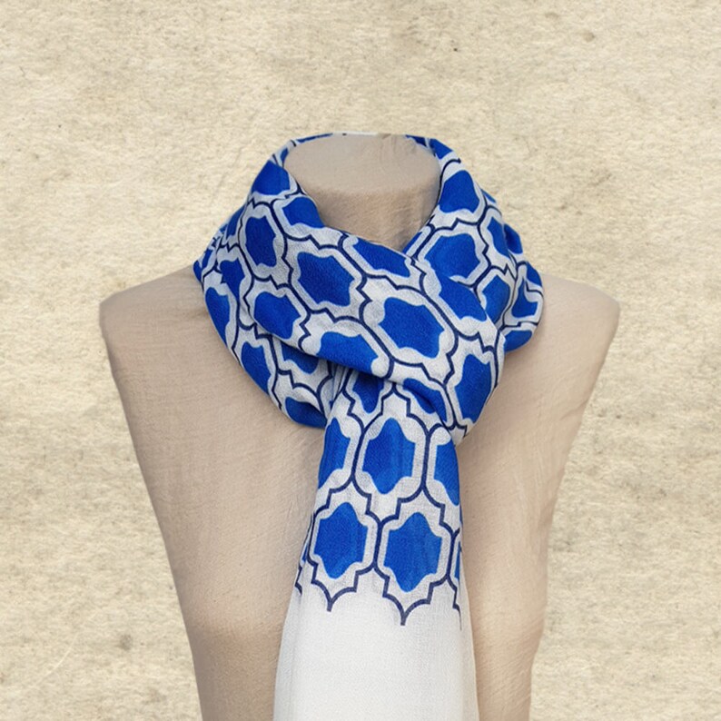 Boho Scarf Shawl, Blue Shawl Scarf, Fabric Womens Scarf, Geometric