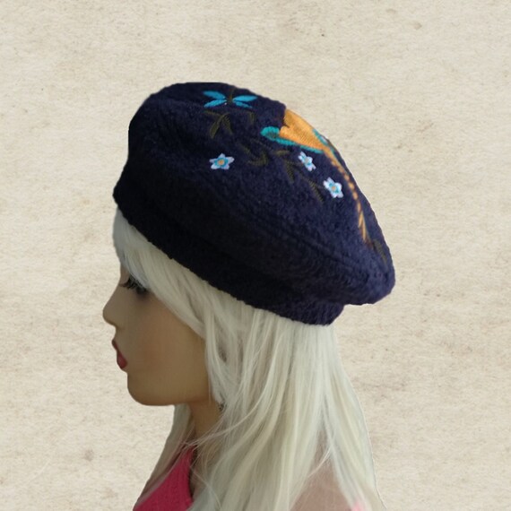 Blue Winter Beret Hat: Embroidered Floral Ladies Beret - Etsy