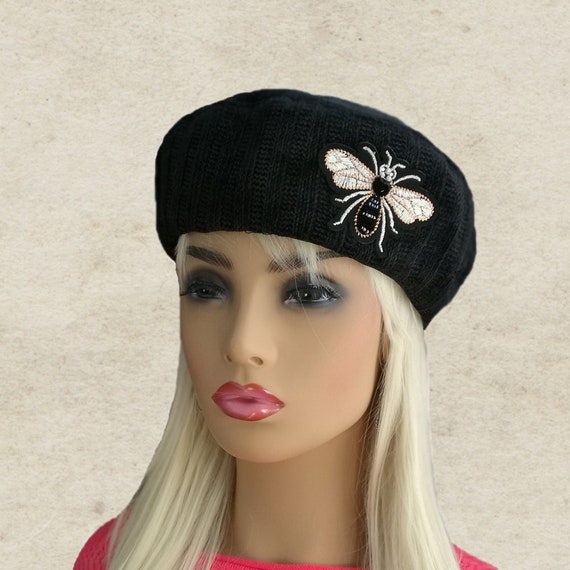 Black Beret With Bee Embroidery: French Style Women