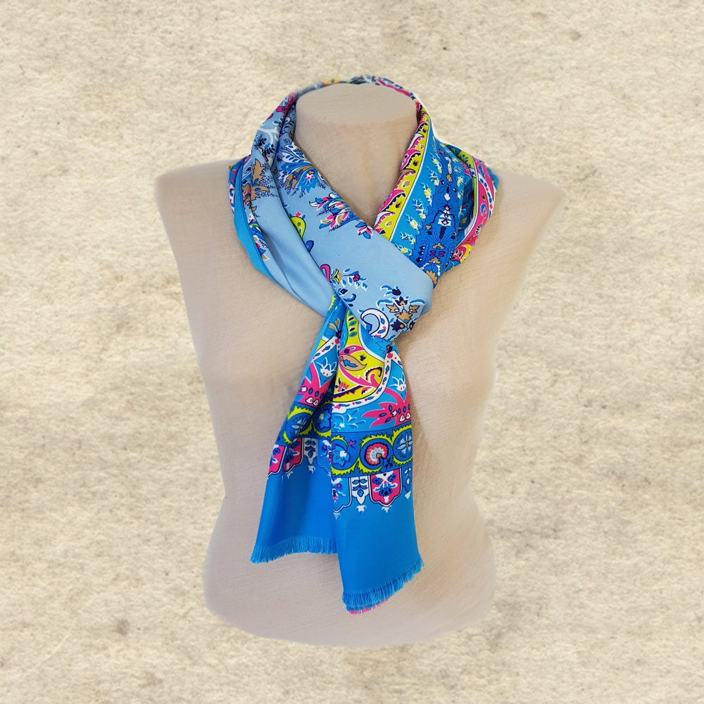 Ladies Blue Scarf, Womens Satin Scarf, Lightweight Scarf, Fall Silky