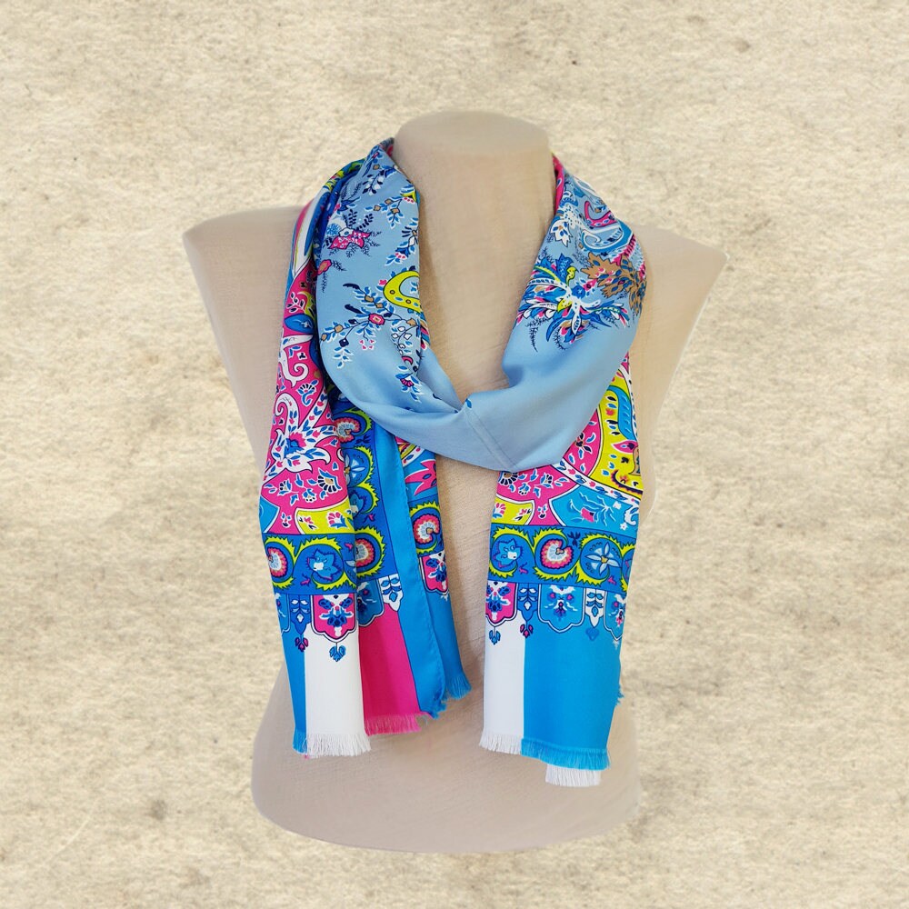 Ladies Blue Scarf, Womens Satin Scarf, Lightweight Scarf, Fall Silky