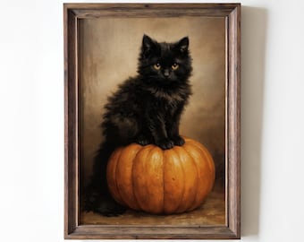 Black Cat on Pumpkin Halloween Wall Art Fall Cute Kitten Print Vintage Autumn Decor for Spooky Cottagecore Gallery Kitchen Digital Download