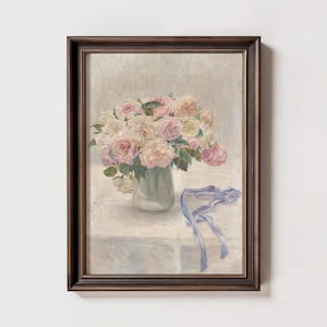 Vintage Floral Art Print Pastel Pink Rose Painting French Cottagecore Wall Decor Romantic Shabby Chic Printable for Bedroom or Living Room