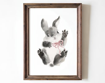 Watercolor Bunny Nursery Print: Pink Bow Rabbit, Woodland Decor (Digital Download)