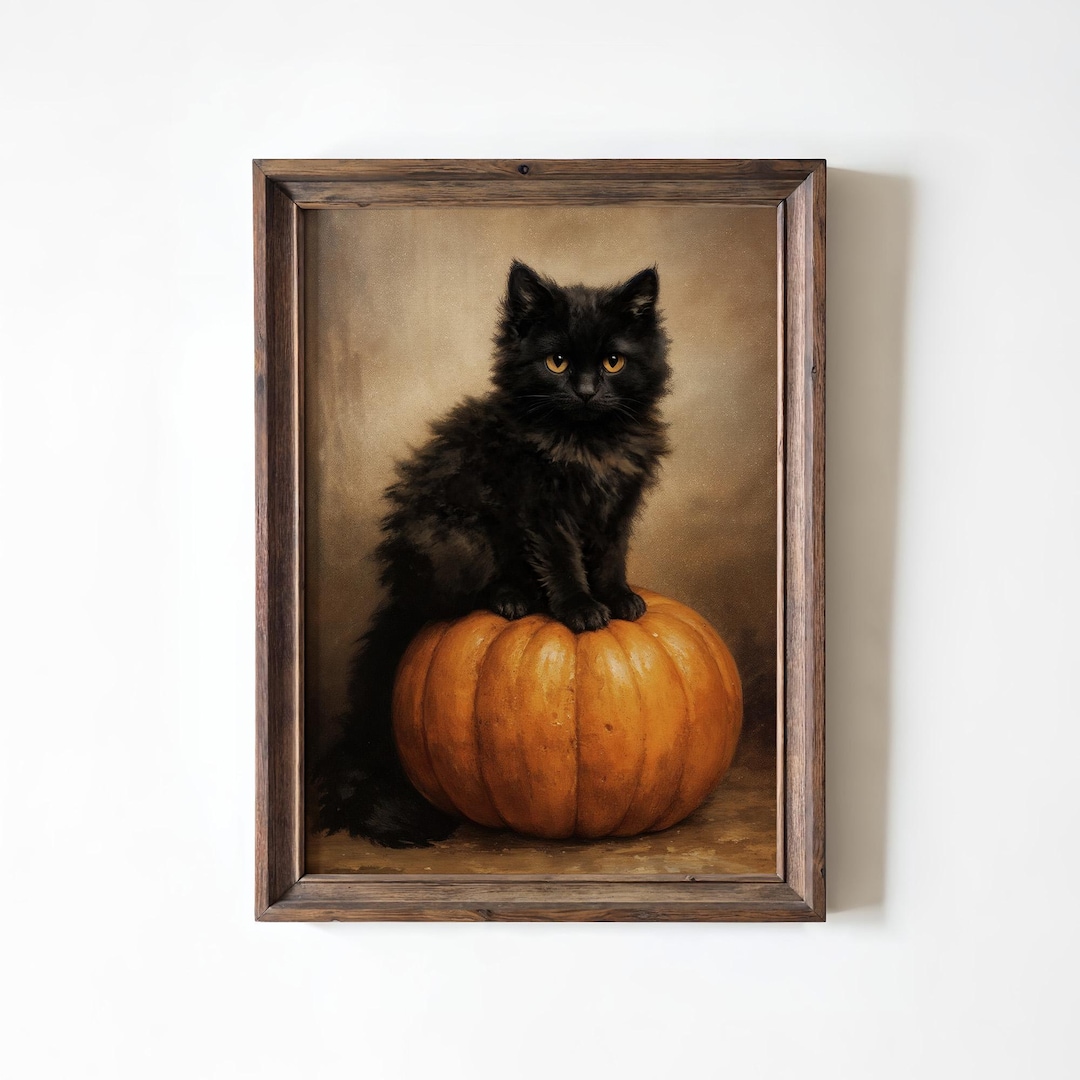 Black Cat on Pumpkin Halloween Wall Art Fall Cute Kitten Print Vintage ...