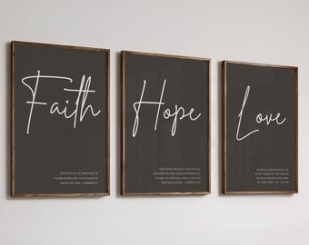 Faith Hope Love Christian Wall Art Set of 3 Dark Grey Scripture Prints Minimalist Bible Verse Artwork Religious Printable Digital Download