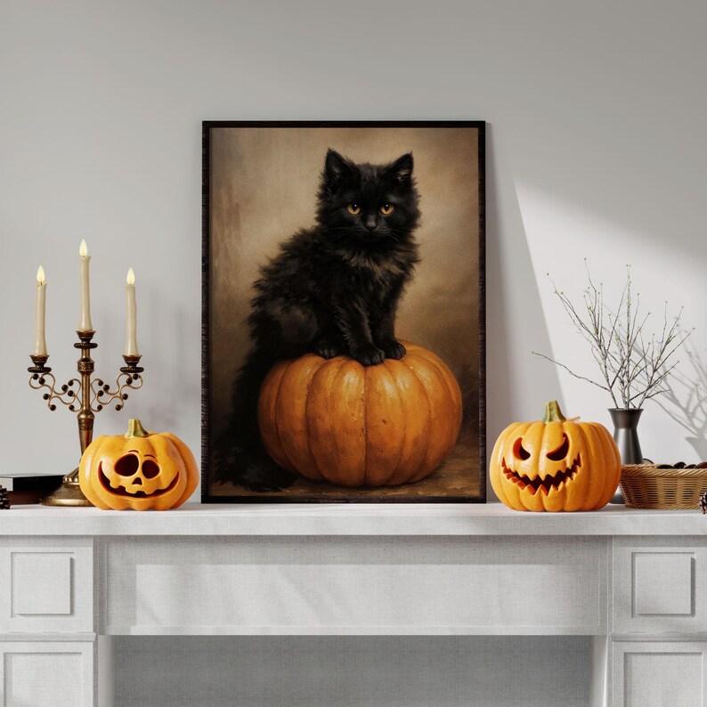 Black Cat on Pumpkin Halloween Wall Art Fall Cute Kitten Print Vintage ...