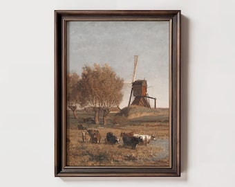 風車 + 牛 | ビンテージオランダ風景画 | ヨーロッパの田舎の絵画
