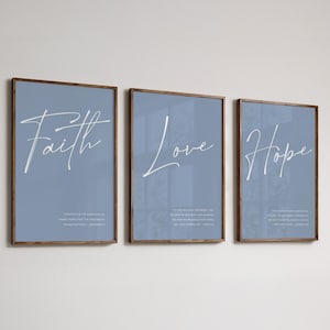 Faith Love Hope Bible Verse Wall Art Set Powder Blue Christian Prints Scripture Decor Digital Download for Bedroom Nursery or Living Room