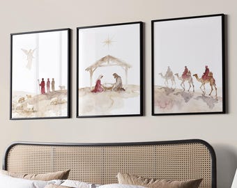Krippe Wandkunst, Weihnachten Christliche Dekoration, 3er-Set Aquarell Jesus Geburt, Hirten und Weise Männer (Digitaler Download)