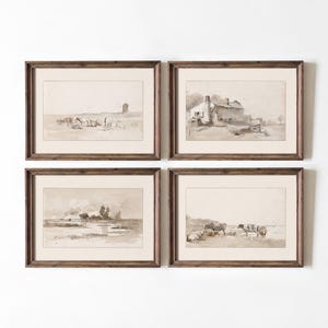 Set of 4 Neutral Art Prints Rustic Farmhouse Sketches Pastoral Countryside Wall Decor Vintage Style Animal & Landscape Artwork Set