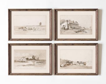 Set of 4 Neutral Art Prints Rustic Farmhouse Sketches Pastoral Countryside Wall Decor Vintage Style Animal & Landscape Artwork Set