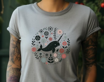 Narwhal Shirt. Narwhal Gift. Floral T-shirt. Flower Shirt. Ocean Lover Gift. Narwhal Enthusiast. Sea Creature Tee. Marine Life Shirt #FC412