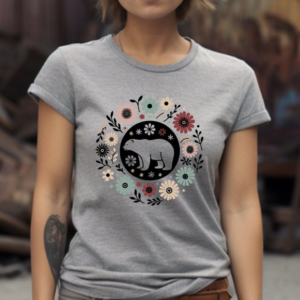 Polar Bear Shirt. Polar Bear Gift. Floral Shirt. Flower Tee. Arctic Animal Tee. Animal Lover Tee. Bear T-shirt. Wildlife Shirt