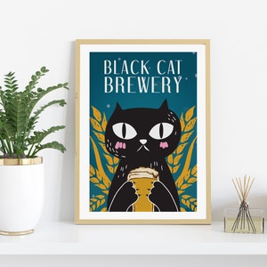 Black Cat Brewery Print. Black Cat Art. Cat Gift. Black Cat Print. Printable Wall Art. Digital Download. Brewing Poster. Funny Brewery Decor