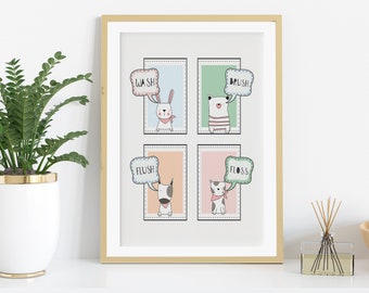 May include: A framed print with a white background and four colourful squares. Each square features a cartoon animal with a speech bubble. The speech bubbles say "Wash", "Brush", "Flush", and "Floss".