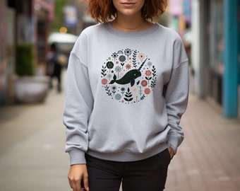 Narwhal Sweater. Narwhal Gift. Floral Sweatshirt. Flower Sweater. Ocean Gift. Narwhal Enthusiast. Sea Creature Sweat. Marine Life Gift