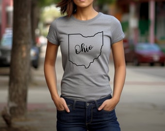 May include: A gray t-shirt with a black outline of the state of Ohio and the word "Ohio" written in cursive inside the outline.