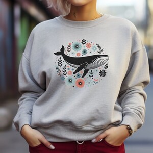 Whale Sweater. Whale Gift. Floral Sweater. Flower Sweater. Ocean Crewneck. Marine Life Gift. Humpback Sweater. Sea Animal Top