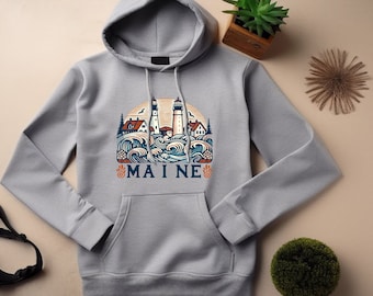 Maine Hoodie. Maine Gift. Coastal Hoodie. Lighthouse Hoodie. Lighthouse Gift. Seaside Hoodie. Seaside Gift. Village Hoodie. Village Gift