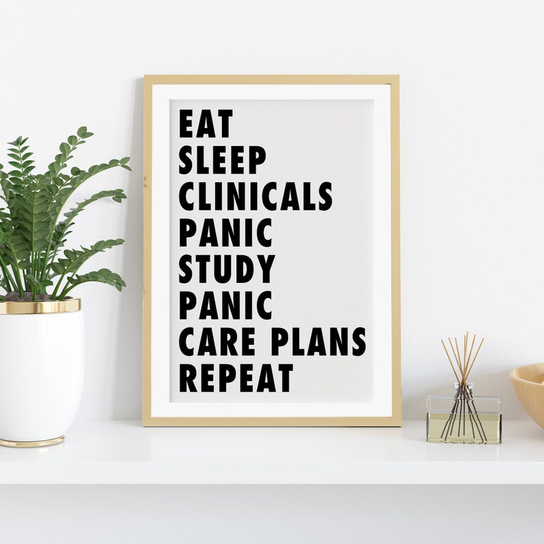 K&ouml;nnte beinhalten: Ein gerahmter Druck mit dem Text "Eat Sleep Clinicals Panic Study Panic Care Plans Repeat" in schwarzer Schrift auf wei&szlig;em Hintergrund.